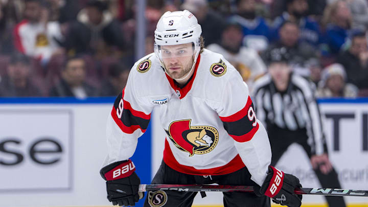 Dec 21, 2024; Vancouver, British Columbia, CAN; Ottawa Senators forward Josh Norris (9) during a stop in play against the Vancouver Canucks in the third period at Rogers Arena. Mandatory Credit: Bob Frid-Imagn Images