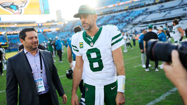 New York Jets quarterback Aaron Rodgers (8) walks off the field New York Jets quarterback Aaron Rodgers (8) walks off the field after the game Sunday, Dec. 15, 2024 at EverBank Stadium in Jacksonville, Fla. The Jets held off the Jaguars 32-25. [Corey Perrine/Florida Times-Union]