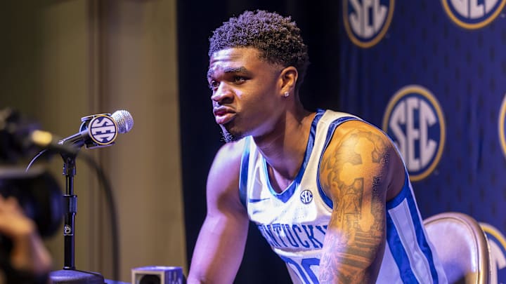 Oct 14, 2025; Birmingham, AL, USA; Kentucky Wildcats guard Otega Oweh talks with the media during SEC Media Days at Grand Bohemian Hotel. Mandatory Credit: Vasha Hunt-Imagn Images
