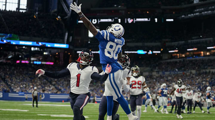 A pass intended for Indianapolis Colts tight end Jelani Woods (80) goes incomplete Sunday, Jan. 8, 2023, during a game against the Houston Texans at Lucas Oil Stadium in Indianapolis.