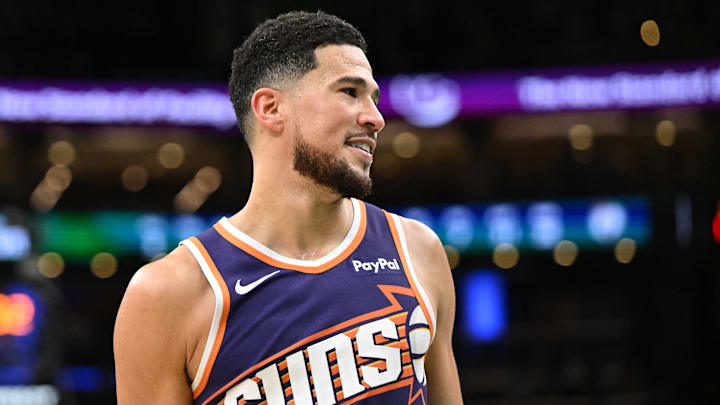 Mar 16, 2026; Boston, Massachusetts, USA; Phoenix Suns guard Devin Booker (1) reacts after a game against the Boston Celtics during the second half at the TD Garden. Mar 16, 2026; Boston, Massachusetts, USA; Phoenix Suns guard Devin Booker (1) reacts after a game against the Boston Celtics during the second half at the TD Garden.