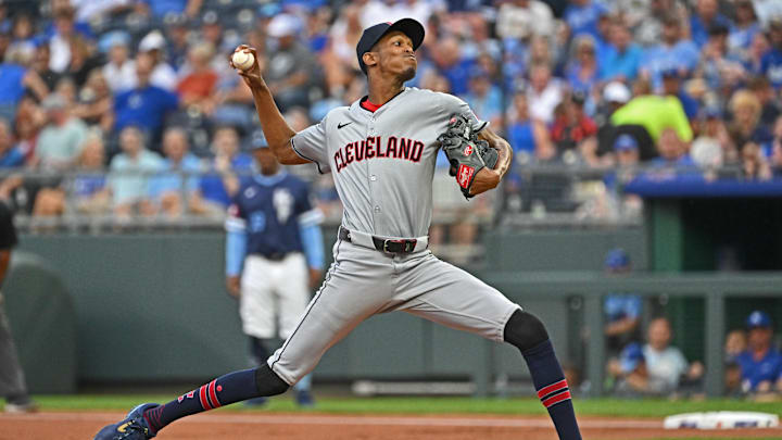 Jun 28, 2024; Kansas City, Missouri, USA;  Cleveland Guardians starting pitcher Triston McKenzie (24) delivers a pitch in the first inning against the Kansas City Royals at Kauffman Stadium. Mandatory Credit: Peter Aiken-USA TODAY Sports