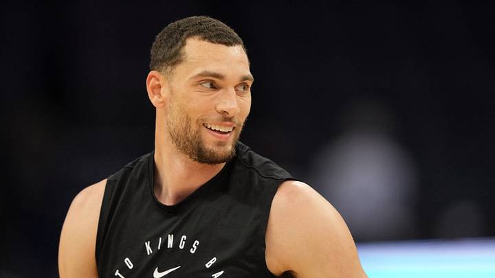 Mar 22, 2025; Sacramento, California, USA; Sacramento Kings guard Zach LaVine (8) warms up before the game against the Milwaukee Bucks at Golden 1 Center. Mandatory Credit: Darren Yamashita-Imagn Images