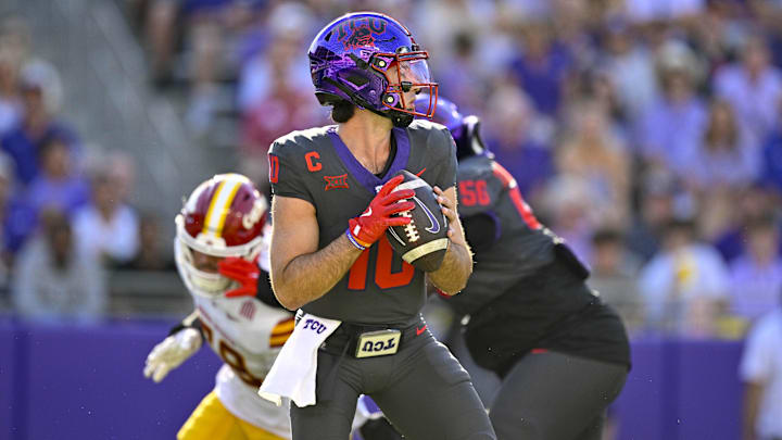 Nov 8, 2025; Fort Worth, Texas, USA; TCU Horned Frogs quarterback Josh Hoover (10) throws the ball during the first half against the Iowa State Cyclones at Amon G. Carter Stadium. Mandatory Credit: Jerome Miron-Imagn Images