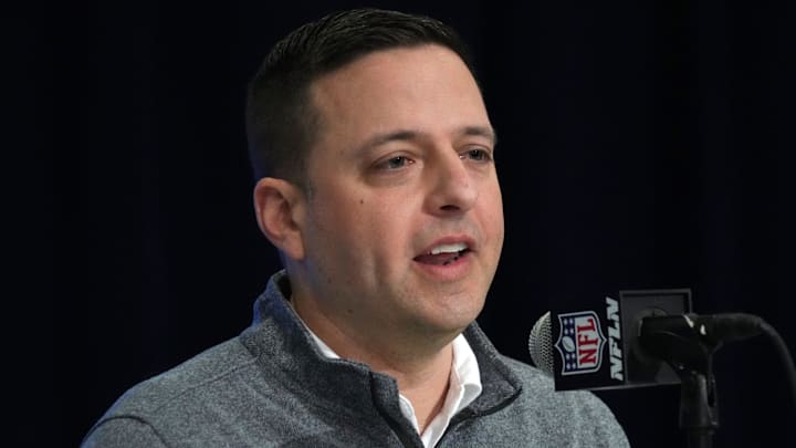 Feb 27, 2024; Indianapolis, IN, USA; New England Patriots director of scouting Eliot Wolf during the NFL Scouting Combine at Indiana Convention Center. Mandatory Credit: Kirby Lee-Imagn Images