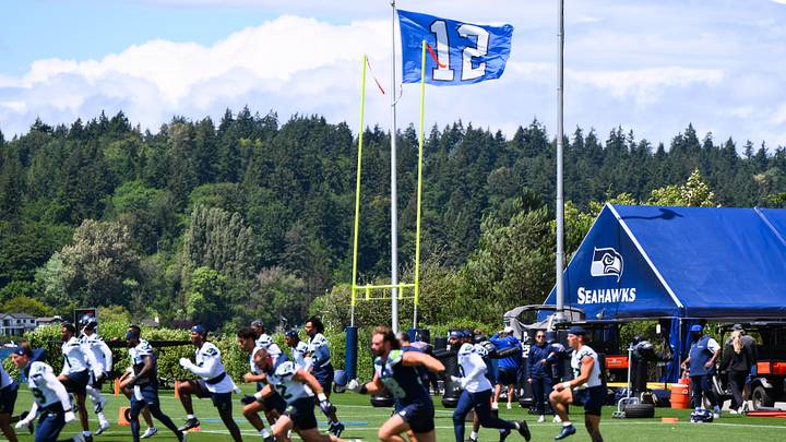 Jun 9, 2026; Renton, WA, USA; The Seattle Seahawks run drills during minicamp at Virginia Mason Athletic Center. Mandatory Credit: Steven Bisig-Imagn Images
