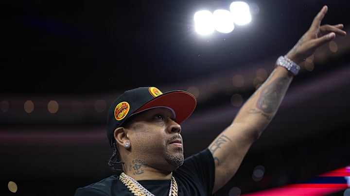 Jan 25, 2023; Philadelphia, Pennsylvania, USA; Former Philadelphia 76ers and hall of fame member Allen Iverson is introduced during the second quarter against the Brooklyn Nets at Wells Fargo Center. Mandatory Credit: Bill Streicher-Imagn Images