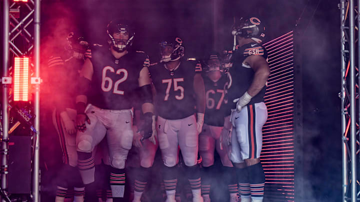 Oct 1, 2023; Chicago, Illinois, USA;  Chicago Bears offensive lineman Lucas Patrick (62), offensive