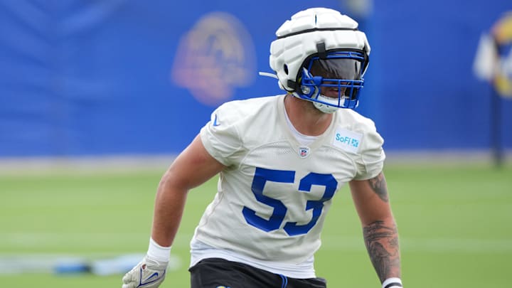 May 28, 2025; Woodland Hills, CA, USA; Los Angeles Rams linebacker Nate Landman (53) participates in defensive drills during organized team activities at Rams Practice Facility. Mandatory Credit: Kirby Lee-Imagn Images May 28, 2025; Woodland Hills, CA, USA; Los Angeles Rams linebacker Nate Landman (53) participates in defensive drills during organized team activities at Rams Practice Facility. Mandatory Credit: Kirby Lee-Imagn Images