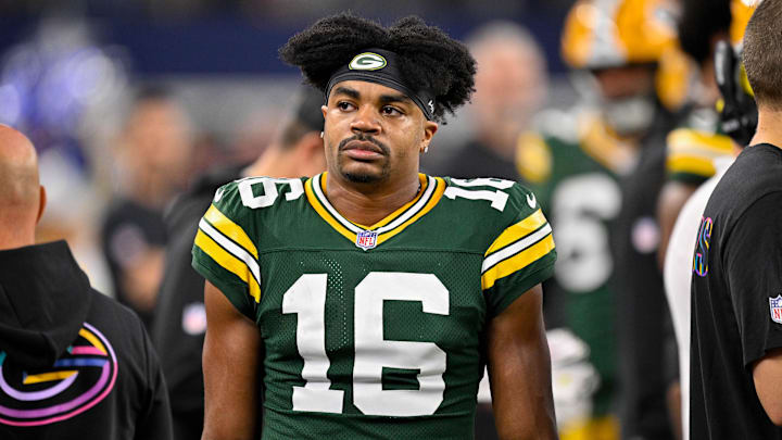 Sep 28, 2025; Arlington, Texas, USA; Green Bay Packers cornerback Bo Melton (16) looks on from the sidelines during the game between the Dallas Cowboys and the Green Bay Packers at AT&T Stadium. Mandatory Credit: Jerome Miron-Imagn Images