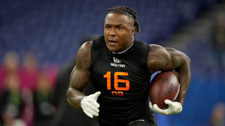Mar 1, 2025; Indianapolis, IN, USA; Iowa running back Kaleb Johnson (RB16) during the 2025 NFL Combine at Lucas Oil Stadium. Mandatory Credit: Kirby Lee-Imagn Images