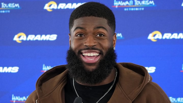 Jun 3, 2025; Woodland Hills, CA, USA; Los Angeles Rams linebacker Jared Verse at a press conference during organized team activities at Rams Practice Facility. Mandatory Credit: Kirby Lee-Imagn Images