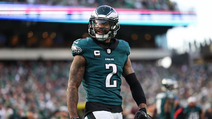 Dec 8, 2024; Philadelphia, Pennsylvania, USA;  Philadelphia Eagles cornerback Darius Slay Jr. (2) reacts after a defensive stop against the Carolina Panthers during the fourth quarter at Lincoln Financial Field. Mandatory Credit: Bill Streicher-Imagn Images