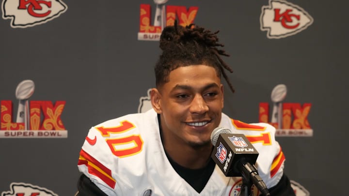 Feb 5, 2025; New Orleans, LA, USA; Kansas City Chiefs running back Isiah Pacheco (10) in a press conference ahead of Super Bowl LIX at New Orleans Marriott. Mandatory Credit: Kirby Lee-Imagn Images Feb 5, 2025; New Orleans, LA, USA; Kansas City Chiefs running back Isiah Pacheco (10) in a press conference ahead of Super Bowl LIX at New Orleans Marriott. Mandatory Credit: Kirby Lee-Imagn Images