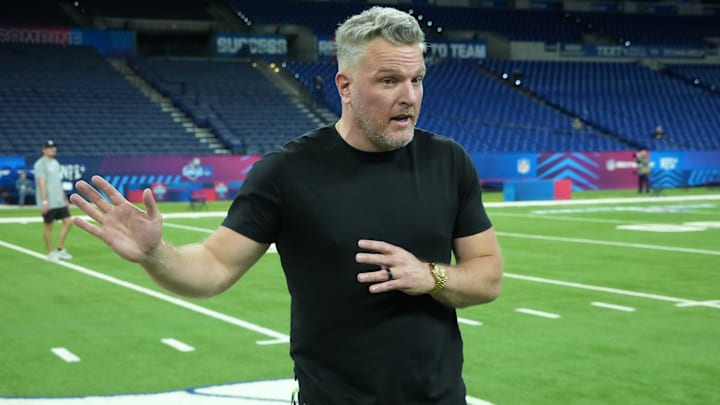 Feb 27, 2025; Indianapolis, IN, USA; Pat McAfee watches during workouts at the 2025 NFL Scouting Combine at Lucas Oil Stadium. Mandatory Credit: Kirby Lee-Imagn Images