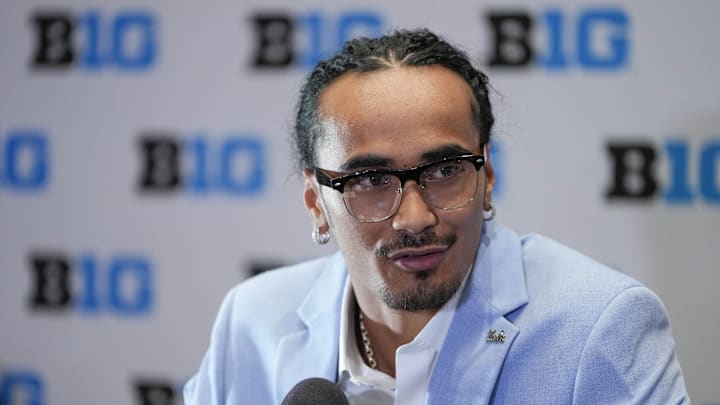 Jul 24, 2025; Las Vegas, NV, USA; UCLA quarterback Nico Iamaleava speaks to the media during the Big Ten NCAA college football media days at Mandalay Bay Resort. Mandatory Credit: Lucas Peltier-Imagn Images
