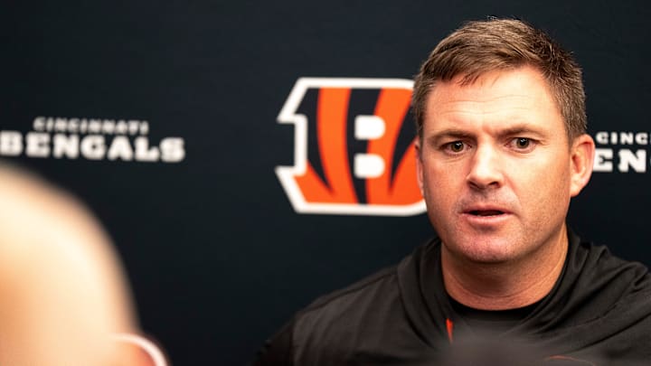Bengals head coach Zac Taylor speaks to the media after the Bengals Rookie Mini Camp on Friday, May 9, 2025 at Paycor Stadium in Cincinnati.