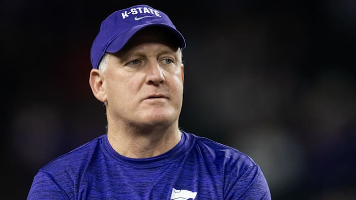 Dec 26, 2024; Phoenix, AZ, USA; Kansas State Wildcats head coach Chris Klieman prior to the game against the Rutgers Scarlet Knights during the Rate Bowl at Chase Field. Mandatory Credit: Mark J. Rebilas-Imagn Images