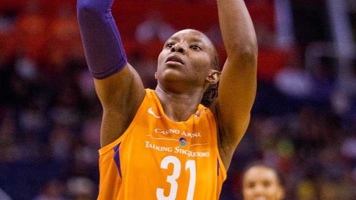 Jun 8, 2018; Phoenix, AZ, USA; Phoenix Mercury forward Sancho Lyttle goes for a shot during the first half at Talking Stick Resort Arena. Mandatory Credit: Brian Munoz-The Arizona Republic via USA TODAY NETWORK