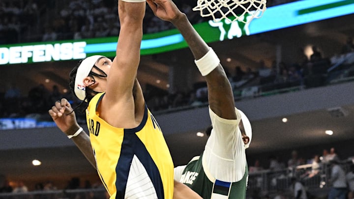 Apr 23, 2024; Milwaukee, Wisconsin, USA; Indiana Pacers guard Andrew Nembhard (2) shoots the ball
