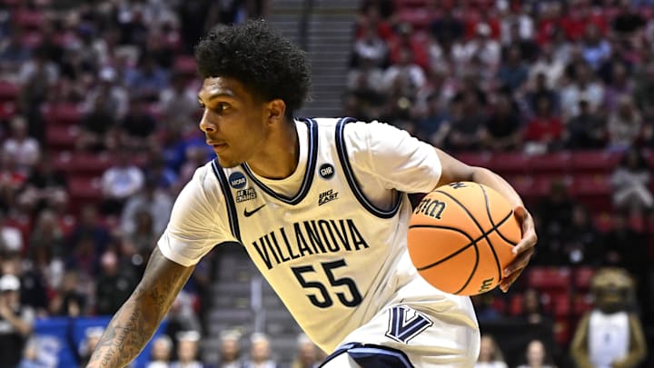 Mar 20, 2026; San Diego, CA, USA; Villanova Wildcats guard Acaden Lewis (55) controls the ball against the Utah State Aggies in the first half during a first round game of the men's 2026 NCAA Tournament at Viejas Arena. Mandatory Credit: Denis Poroy-Imagn Images
