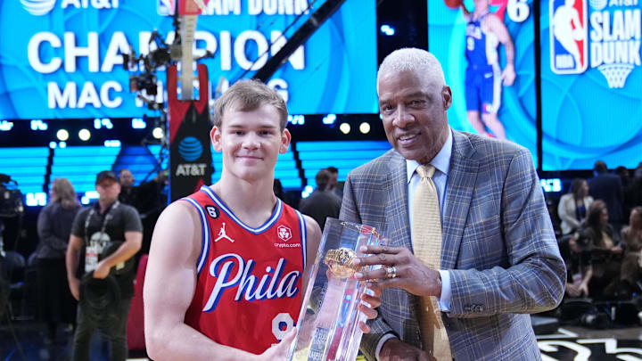 Feb 18, 2023; Salt Lake City, UT, USA; Julius Erving presents Philadelphia 76ers guard Mac McClung