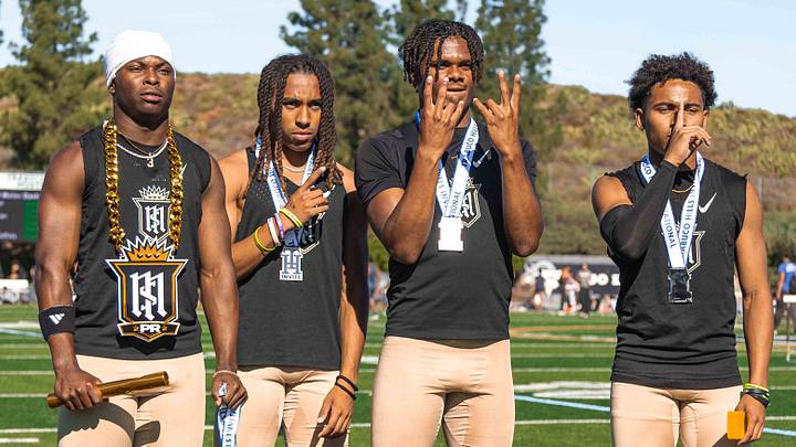 Servite's historic 4x100-meter relay team — Benjamin Harris, Jace Wells, Kamil Pelovello and Jorden Wells — celebrates after another record-breaking performance. The Friars became the first California school to break 40 seconds and capped one of the greatest relay seasons in state history with a CIF State championship. Servite's historic 4x100-meter relay team — Benjamin Harris, Jace Wells, Kamil Pelovello and Jorden Wells — celebrates after another record-breaking performance. The Friars became the first California school to break 40 seconds and capped one of the greatest relay seasons in state history with a CIF State championship.