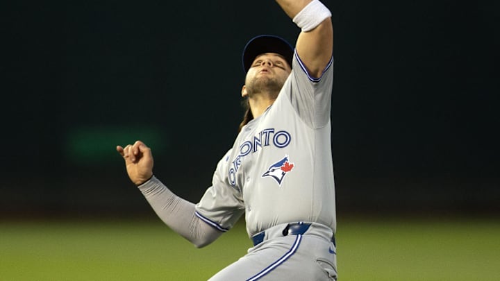 Toronto Blue Jays shortstop Bo Bichette (11) makes the catch of a popup into shallow left field by Oakland Athletics outfielder Seth Brown during the seventh inning at Oakland-Alameda County Coliseum on June 7. Toronto Blue Jays shortstop Bo Bichette (11) makes the catch of a popup into shallow left field by Oakland Athletics outfielder Seth Brown during the seventh inning at Oakland-Alameda County Coliseum on June 7.