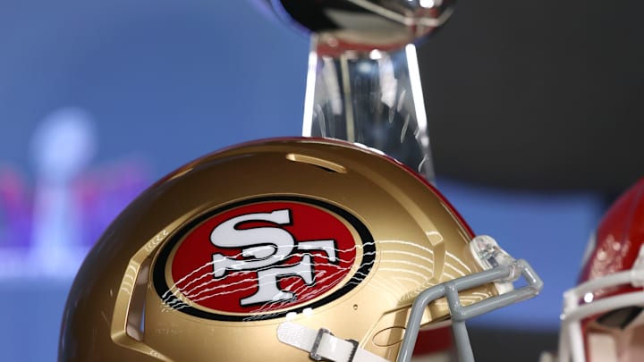 San Francisco 49ers helmet with the Lombardi Trophy