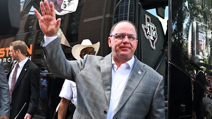 Aug 31, 2024; College Station, Texas, USA; Texas A&M Aggies head coach Mike Elko arrives prior to the game against the Notre Dame Fighting Irish at Kyle Field. Mandatory Credit: Maria Lysaker-USA TODAY Sp