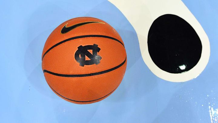 Dec 13, 2022; Chapel Hill, North Carolina, USA; A view of the Heel logo at Dean E. Smith Center. Mandatory Credit: Bob Donnan-Imagn Images