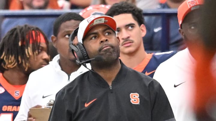Sep 27, 2025; Syracuse, New York, USA; Syracuse Orange head coach Fran Brown reacts to a play in the third quarter against the Duke Blue Devils at the JMA Wireless Dome. Mandatory Credit: Mark Konezny-Imagn Images