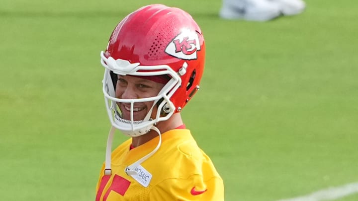 Jul 22, 2025; St. Joseph, MO, USA; Kansas City Chiefs quarterback Patrick Mahomes (15) on field during training camp at Missouri Western State University. Mandatory Credit: Denny Medley-Imagn Images