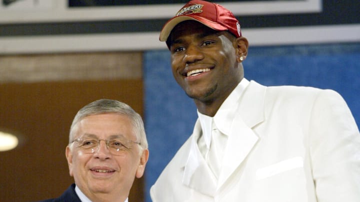 June 26, 2003; New York, NY, USA; FILE PHOTO; St.Vincent-St. Mary HS player LeBron James is selected as the 1st pick at the NBA Draft. Mandatory Credit: Robert Deutsch-Imagn Images 