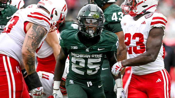 Michigan State's Chance Rucker celebrates after a defensive stop against Nebraska during the third quarter on Saturday, Nov. 4, 2023, at Spartan Stadium in East Lansing.