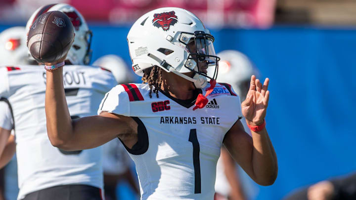 Arkansas State Red Wolves quarterback Jaylen Raynor (1) warms up before Arkansas State Red Wolves take on the Northern Illinois Huskies during the Camellia Bowl at Cramton Bowl in Montgomery, Ala., on Saturday, Dec. 23, 2023. Arkansas State Red Wolves quarterback Jaylen Raynor (1) warms up before Arkansas State Red Wolves take on the Northern Illinois Huskies during the Camellia Bowl at Cramton Bowl in Montgomery, Ala., on Saturday, Dec. 23, 2023.
