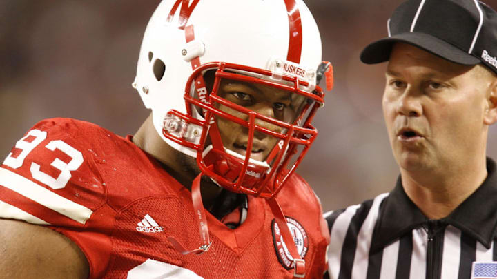 Nebraska defensive tackle Ndamukong Suh talks with an official during warmups before the 2009 Big 12 championship game against Texas.