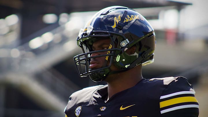 March 16, 2024; Columbia, Missouri, USA; Missouri Tigers offensive lineman Cayden Green at the team's 'Black and Gold' spring scrimmage at Faurot Field.
