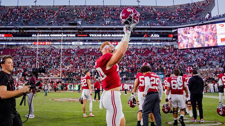 Alabama tight end Josh Ford walks off the field after the win Texas A&M on Oct. 24, 2026. Alabama tight end Josh Ford walks off the field after the win Texas A&M on Oct. 24, 2026.