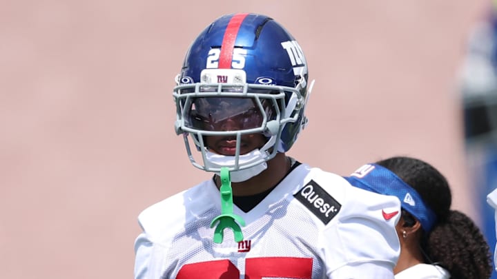 Jul 23, 2025; East Rutherford, NJ, USA; New York Giants cornerback Korie Black (25) looks on during training camp at Quest Diagnostics Training Center.  