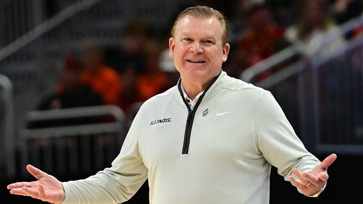 Mar 23, 2025; Milwaukee, WI, USA; Illinois Fighting Illini head coach Brad Underwood reacts during the second half in the second round of the NCAA Tournament against the Kentucky Wildcats at Fiserv Forum. Mandatory Credit: Benny Sieu-Imagn Images Mar 23, 2025; Milwaukee, WI, USA; Illinois Fighting Illini head coach Brad Underwood reacts during the second half in the second round of the NCAA Tournament against the Kentucky Wildcats at Fiserv Forum. Mandatory Credit: Benny Sieu-Imagn Images