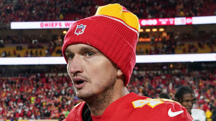 Nov 29, 2024; Kansas City, Missouri, USA; Kansas City Chiefs place kicker Matthew Wright (49) leaves the field after the game against the Las Vegas Raiders at GEHA Field at Arrowhead Stadium. Mandatory Credit: Denny Medley-Imagn Images