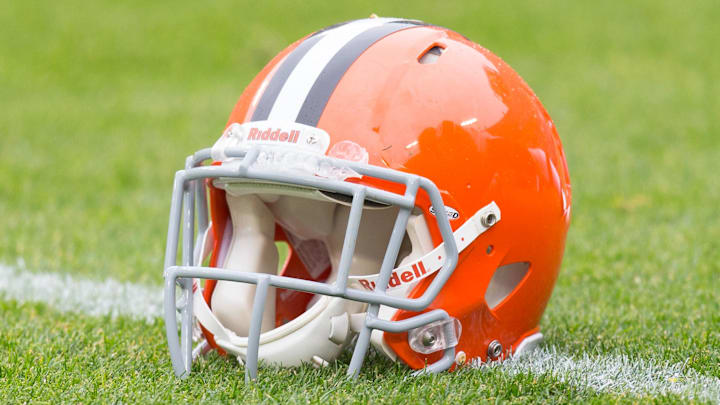 Oct 20, 2013; Green Bay, WI, USA; A Cleveland Browns helmet sits on the field during warmups prior to the game against the Green Bay Packers at Lambeau Field.  Green Bay won 31-13.  Mandatory Credit: Jeff Hanisch-Imagn Images