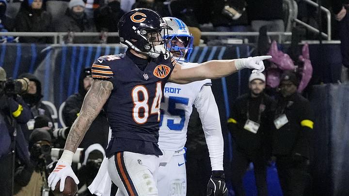 Jan 4, 2026; Chicago, Illinois, USA; Chicago Bears tight end Colston Loveland (84) reacts after making a catch for a touchdown against the Detroit Lions during the second half at Soldier Field. Mandatory Credit: David Banks-Imagn Images