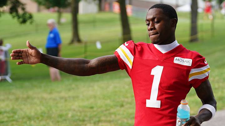 Jul 29, 2026; St. Joseph, MO, USA; Kansas City Chiefs wide receiver Xavier Worthy (1) walks down the hill to the practice fields during training camp at Missouri Western State University. Mandatory Credit: Denny Medley-Imagn Images
