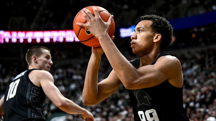 Michigan State's Divine Ugochukwu makes a 3-pointer against USC during the second half on Monday, Jan. 5, 2026, at the Breslin Center in East Lansing.