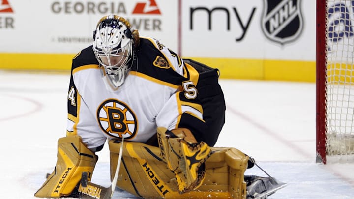 Oct 11, 2006; Atlanta, GA, USA; Boston Bruins goaltender (54) Hannu Toivonen makes a save on an Atlanta Thrashers shot in the first period at Philips Arena.  Mandatory Credit: Photo by Dale Zanine USA TODAY Sports Copyright (c) 2006 Dale Zanine 