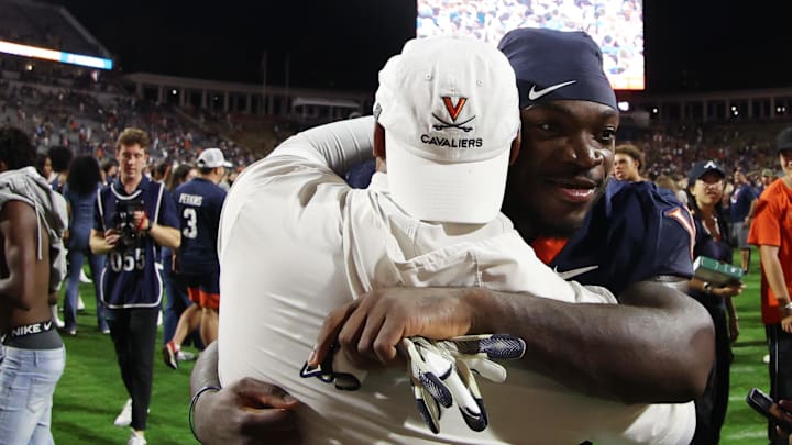 Sep 26, 2025; Charlottesville, Virginia, USA; Virginia Cavaliers running back J'Mari Taylor (3) celebrates after the Cavaliers' win against against the Florida State Seminoles in two overtimes at Scott Stadium. Mandatory Credit: Geoff Burke-Imagn Images