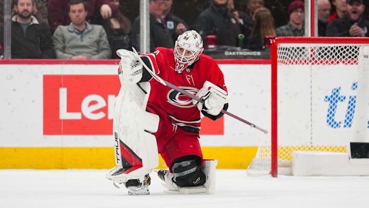 Dec 14, 2025; Raleigh, North Carolina, USA; Carolina Hurricanes goaltender Brandon Bussi (32) celebrates their victory in a shootout against the Philadelphia Flyers at Lenovo Center. Mandatory Credit: James Guillory-Imagn Images Dec 14, 2025; Raleigh, North Carolina, USA; Carolina Hurricanes goaltender Brandon Bussi (32) celebrates their victory in a shootout against the Philadelphia Flyers at Lenovo Center. Mandatory Credit: James Guillory-Imagn Images