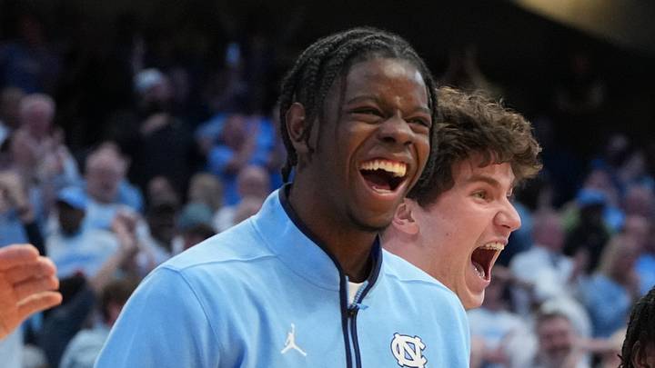 Feb 23, 2026; Chapel Hill, North Carolina, USA; North Carolina Tar Heels forward Caleb Wilson (8) and the bench react in the second half at Dean E. Smith Center. Mandatory Credit: Bob Donnan-Imagn Images